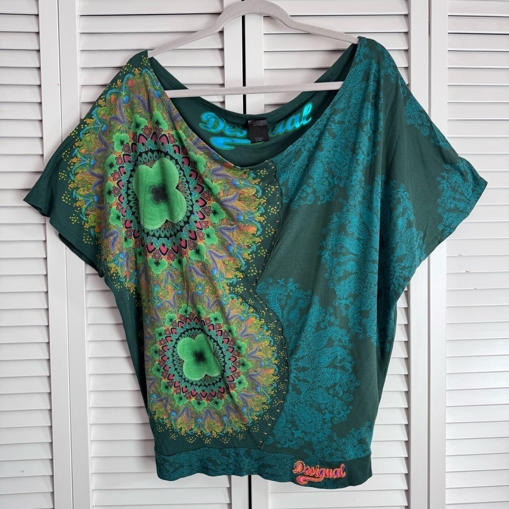 Desigual Yanira Green Short Sleeve Top Abstract Print Oversized Slouchy Small - Picture 3 of 11